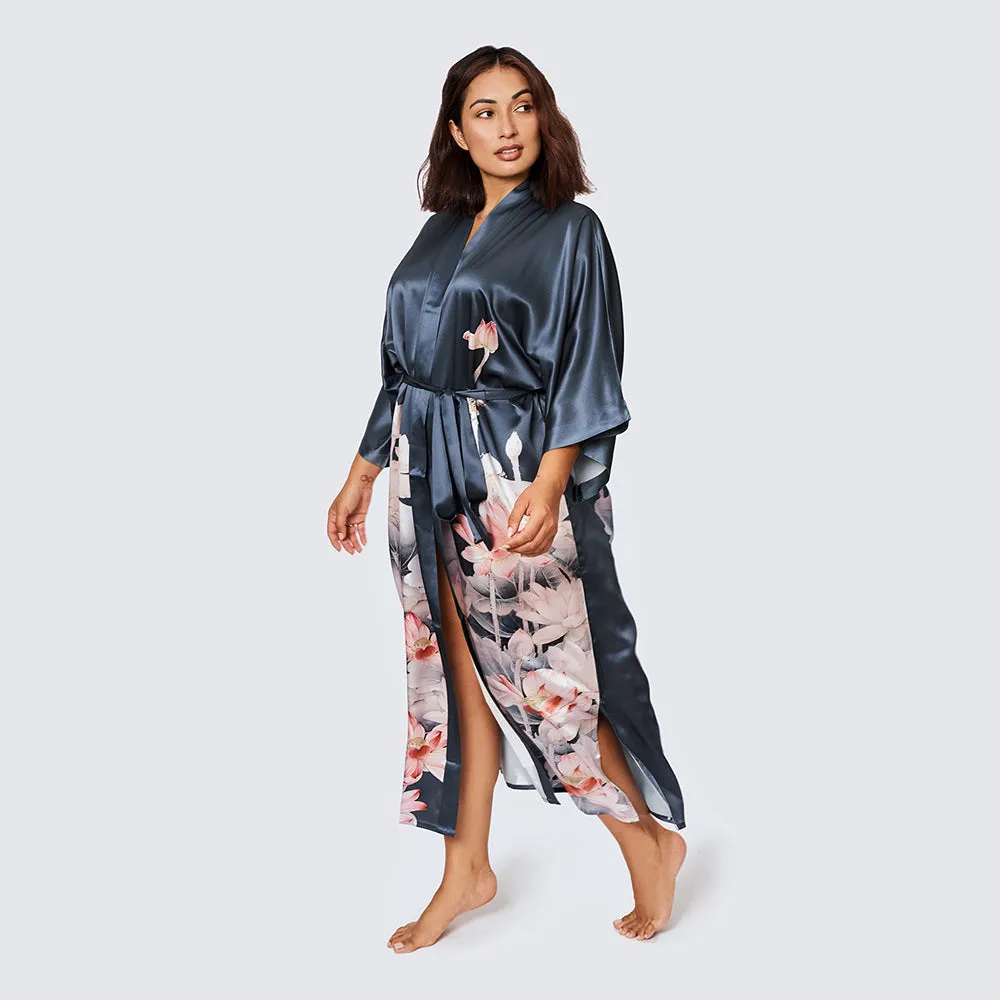 Washable Silk Lotus Long Kimono Robe (Plus Size)
