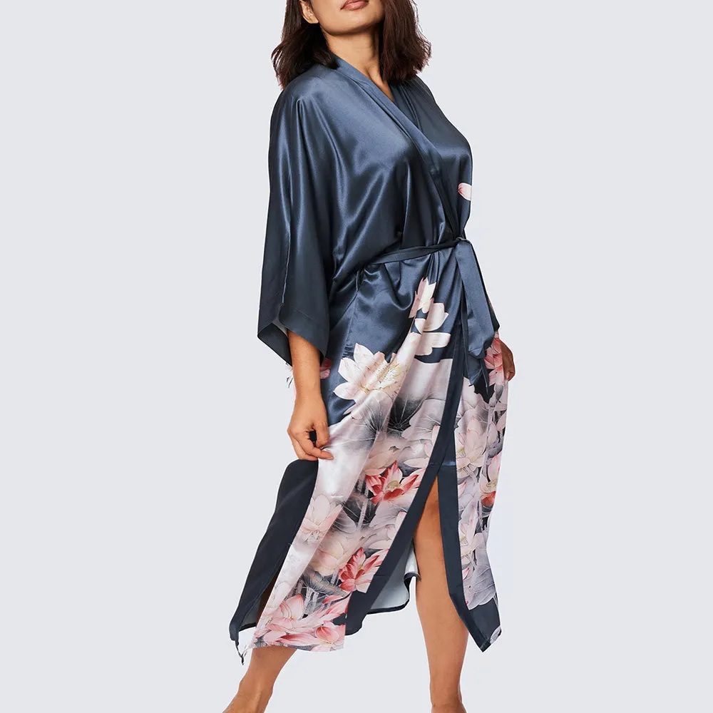 Washable Silk Lotus Long Kimono Robe (Plus Size)
