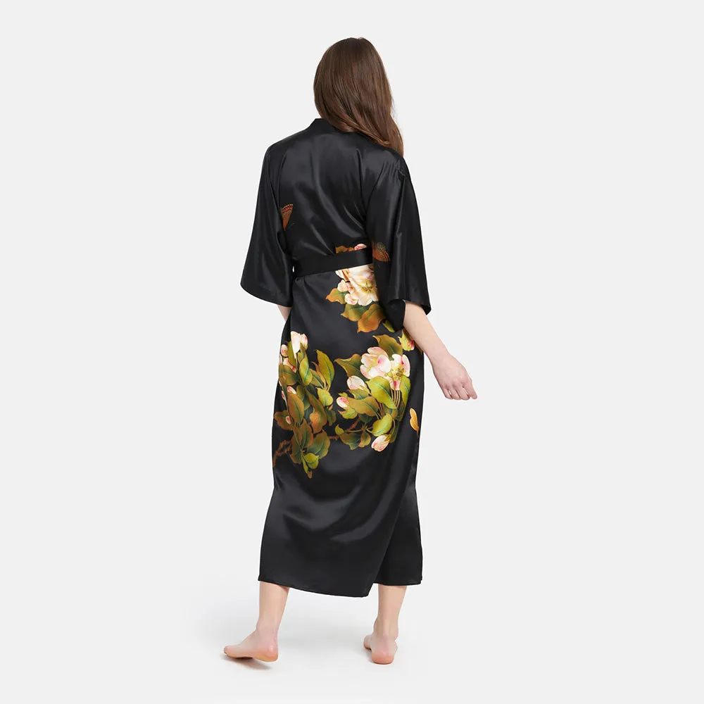 Washable Silk Peony & Butterfly Long Kimono Robe