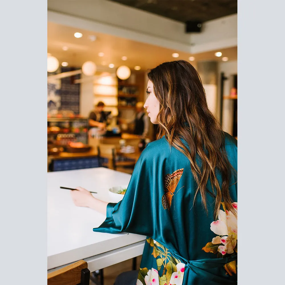 Washable Silk Peony & Butterfly Long Kimono Robe