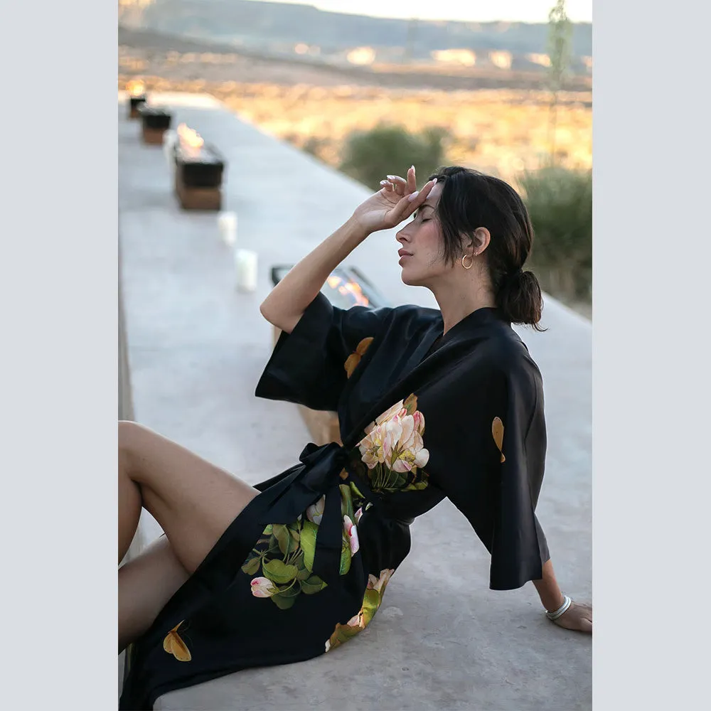 Washable Silk Peony & Butterfly Long Kimono Robe