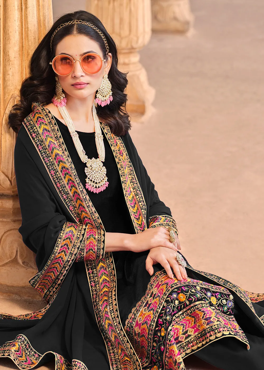 Wedding Festive Velvet Black Pant Style Salwar Suit