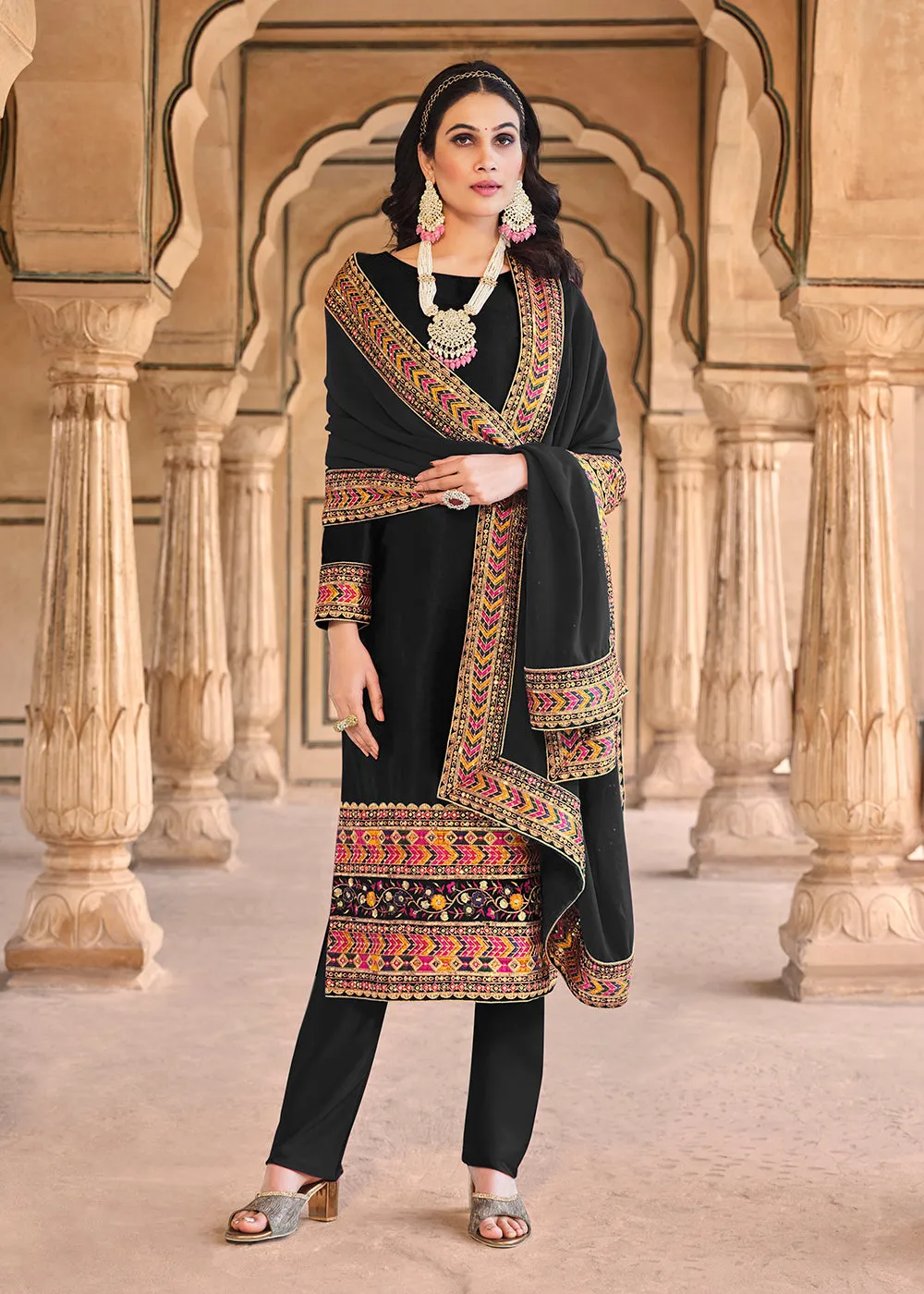 Wedding Festive Velvet Black Pant Style Salwar Suit