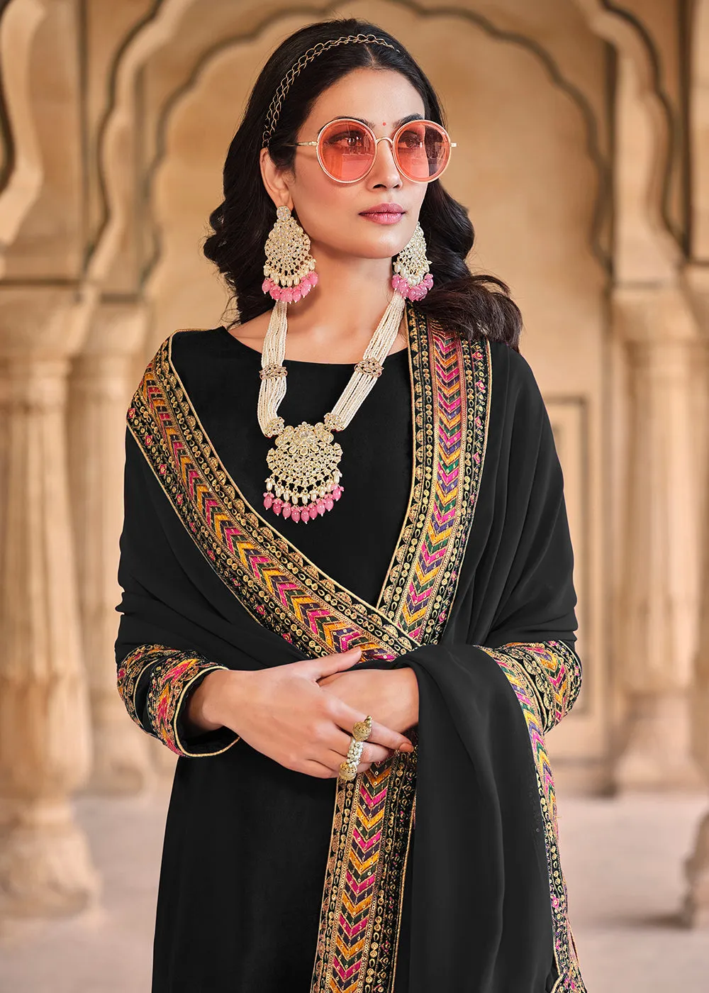 Wedding Festive Velvet Black Pant Style Salwar Suit