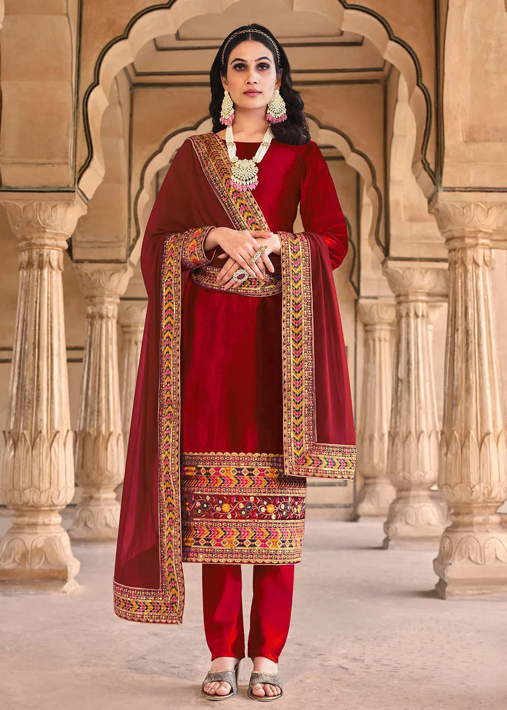 Wedding Festive Velvet Red Pant Style Salwar Suit