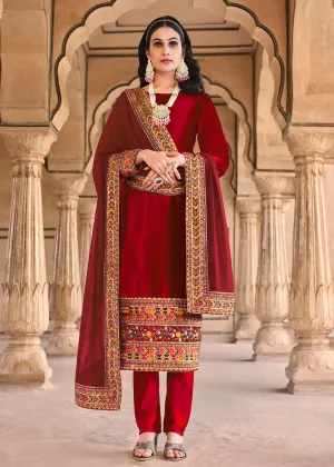 Wedding Festive Velvet Red Pant Style Salwar Suit