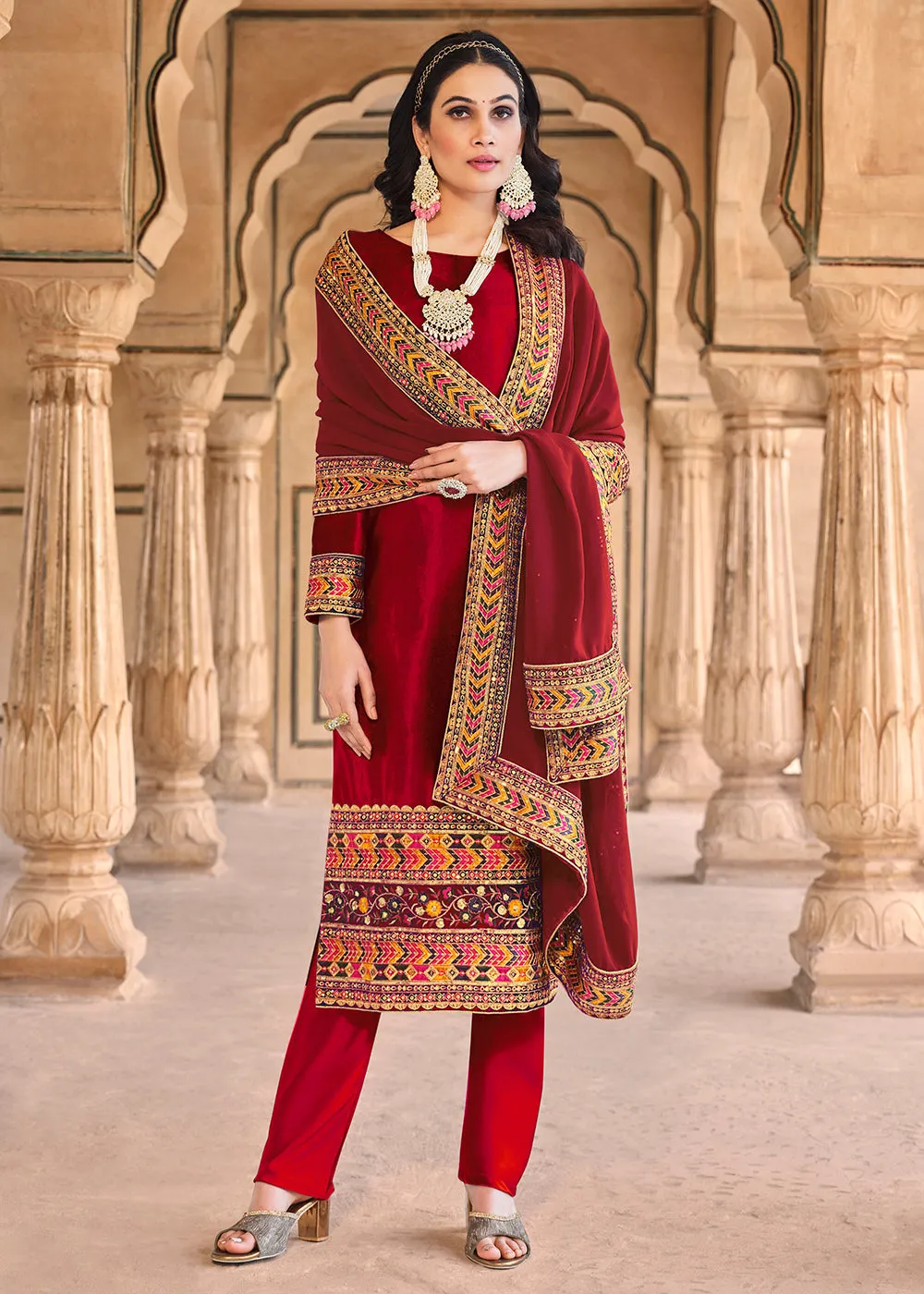Wedding Festive Velvet Red Pant Style Salwar Suit
