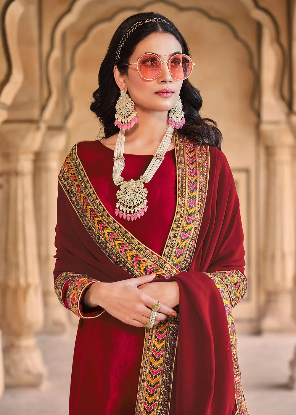 Wedding Festive Velvet Red Pant Style Salwar Suit