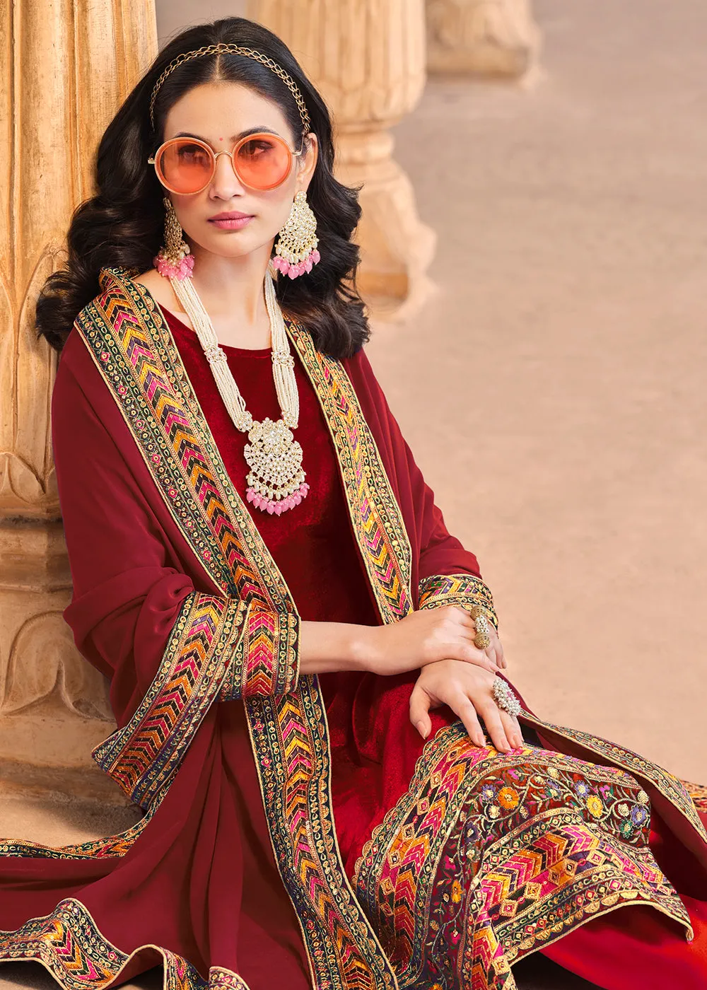 Wedding Festive Velvet Red Pant Style Salwar Suit