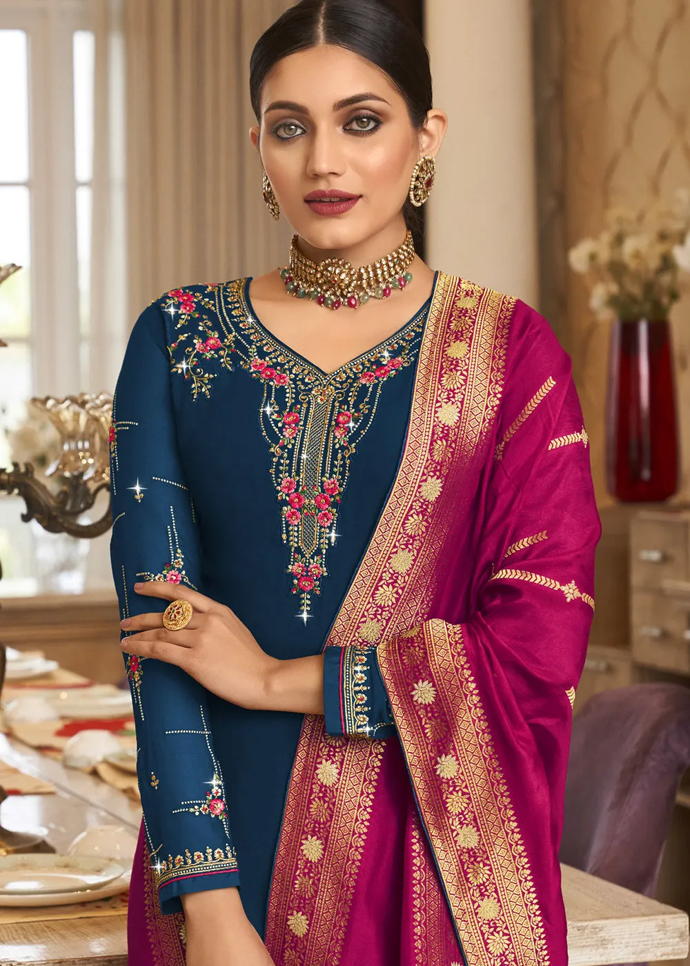 Wedding Party Outstanding Blue Thread & Zari Salwar Suit