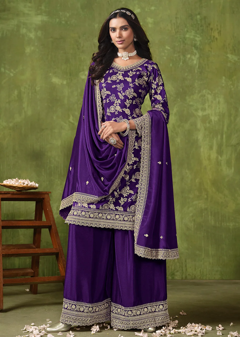 Wedding Wear Purple Dola Silk Jacquard Palazzo Suit