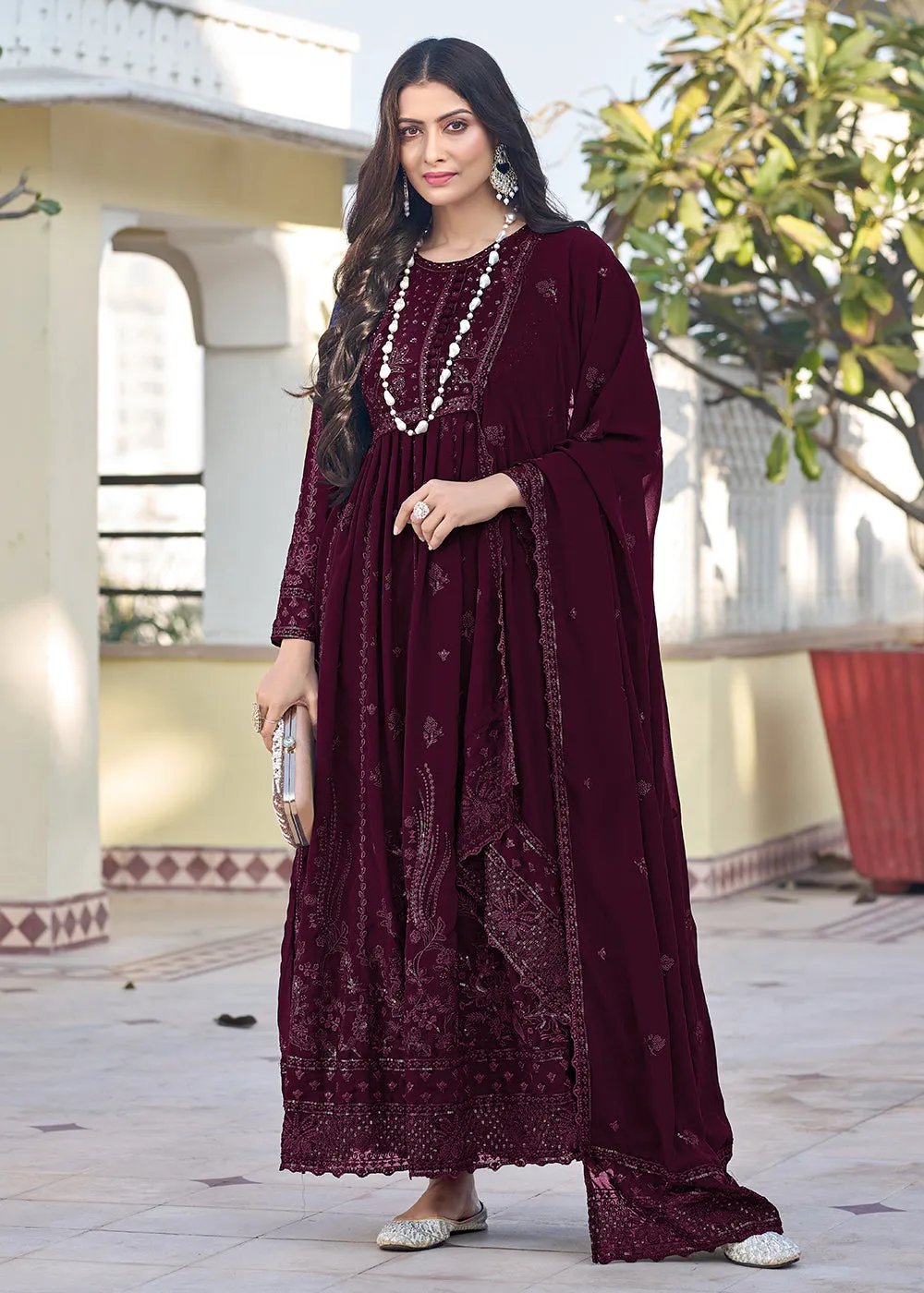 Wine Georgette Embroidered Frock Style Salwar Suit