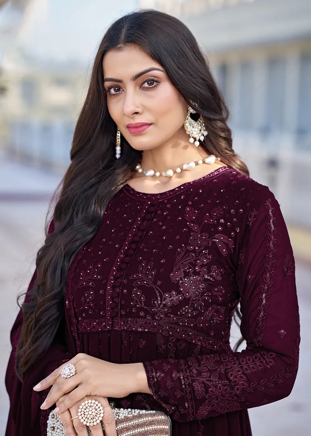 Wine Georgette Embroidered Frock Style Salwar Suit