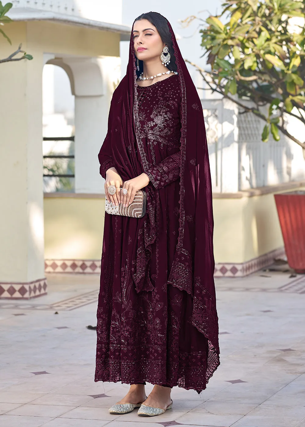 Wine Georgette Embroidered Frock Style Salwar Suit