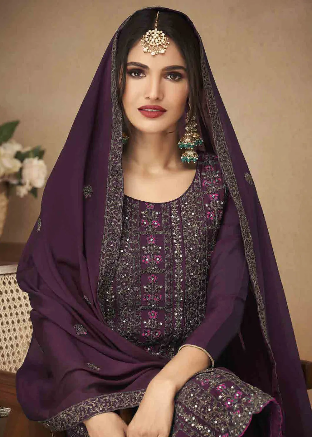 Wine Purple Cording & Swarovski Embroidered Trendy Salwar Suit