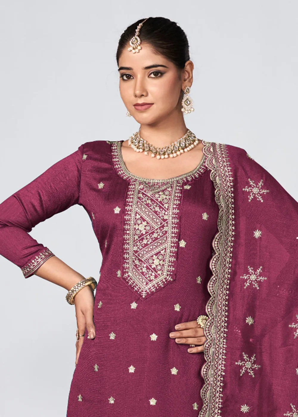 Wine Vichitra Silk Embroidered Wedding Festive Palazzo Suit