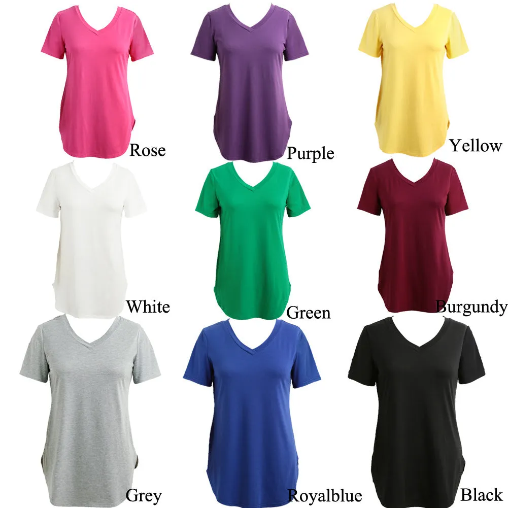 Women Solid V Neck Short Sleeve Tops