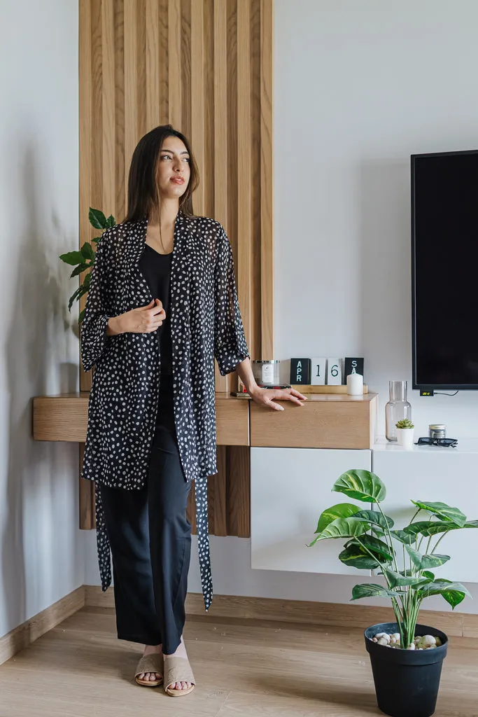 Women summer 3 piece pajama set  Black polka dots kimono   Black top & Pants