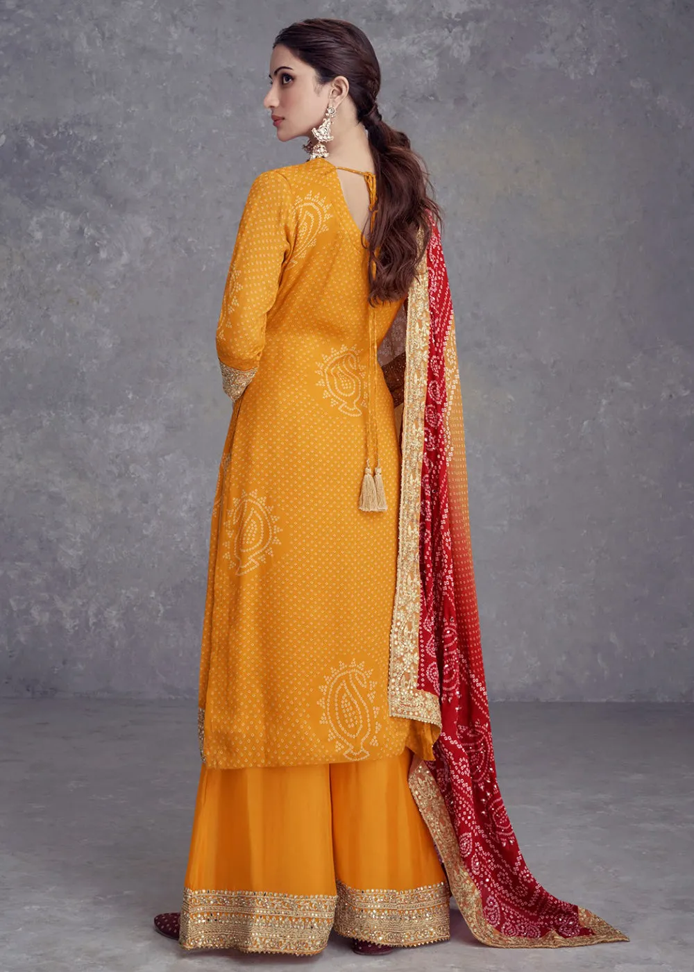 Yellow Embroidered Chinnon Wedding Style Palazzo Suit
