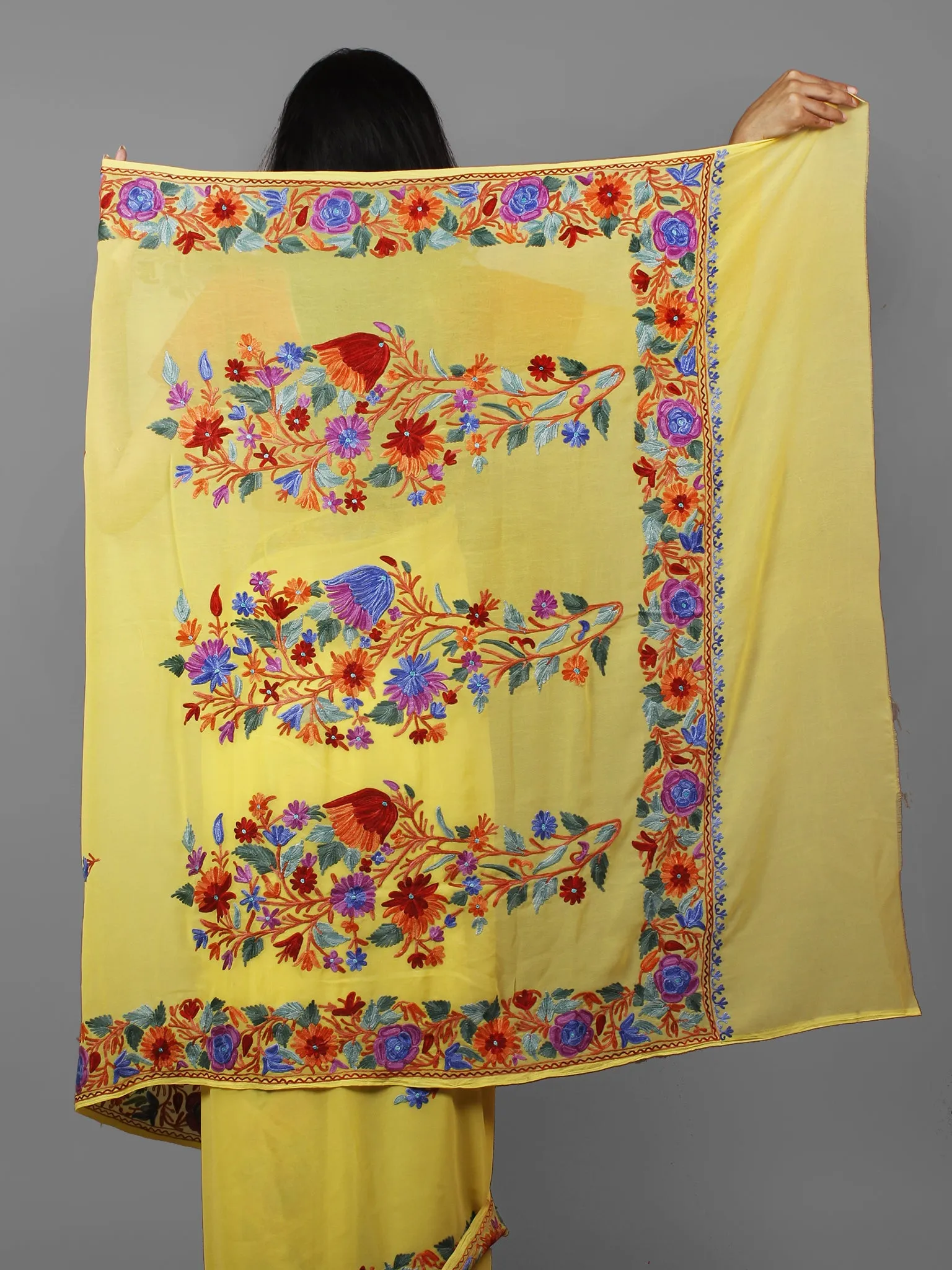 Yellow Lavender Blue Green Aari Embroidered Georgette Saree From Kashmir  - S031702162