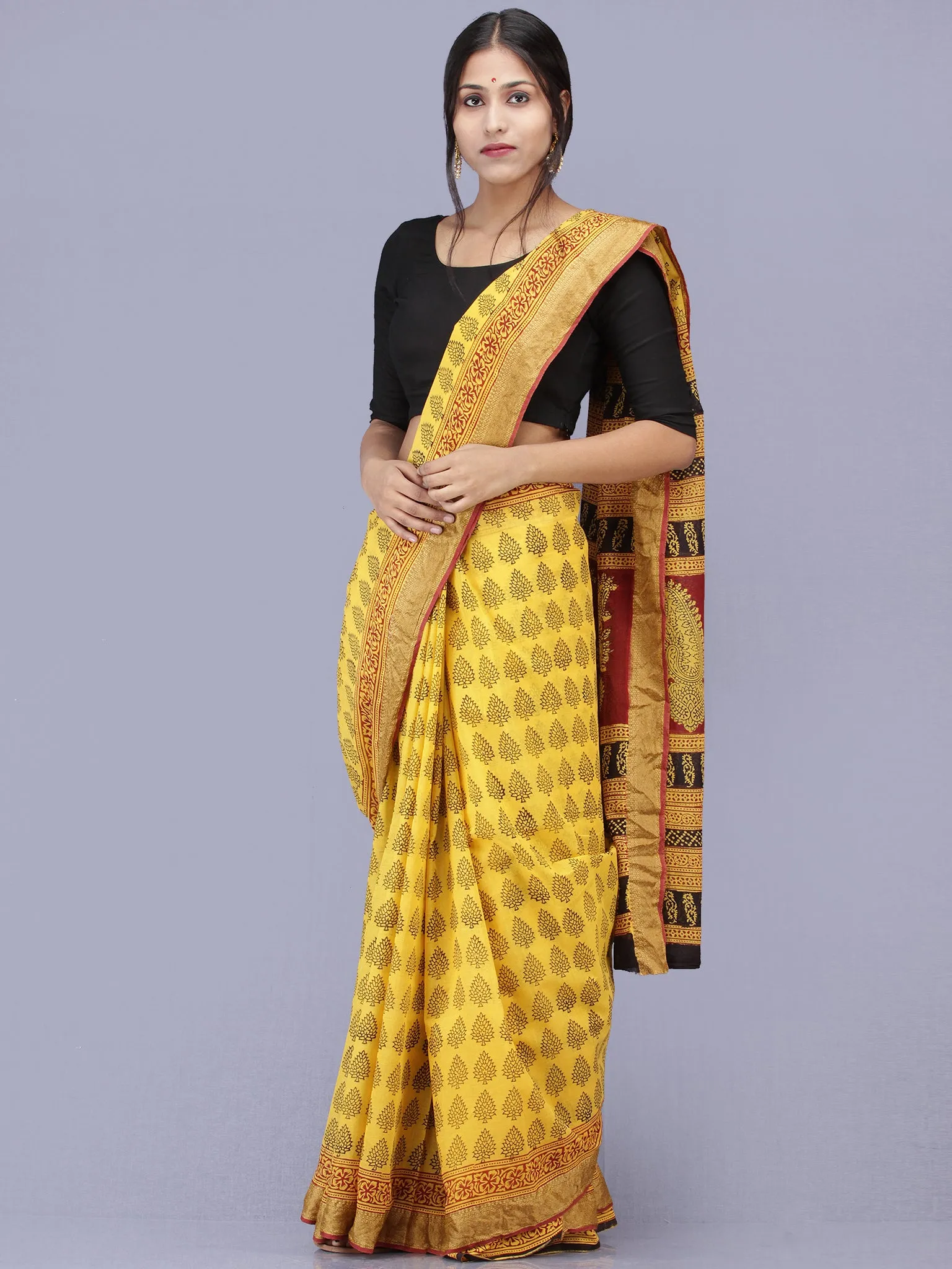 Yellow Maroon Black Bagh Printed Maheshwari Cotton Saree - S031704172