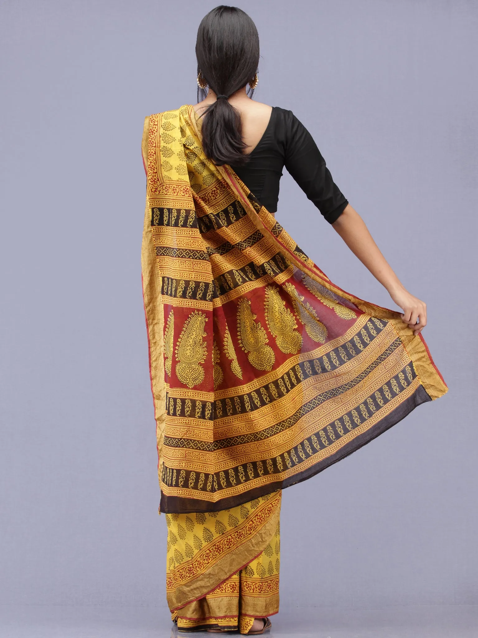 Yellow Maroon Black Bagh Printed Maheshwari Cotton Saree - S031704172