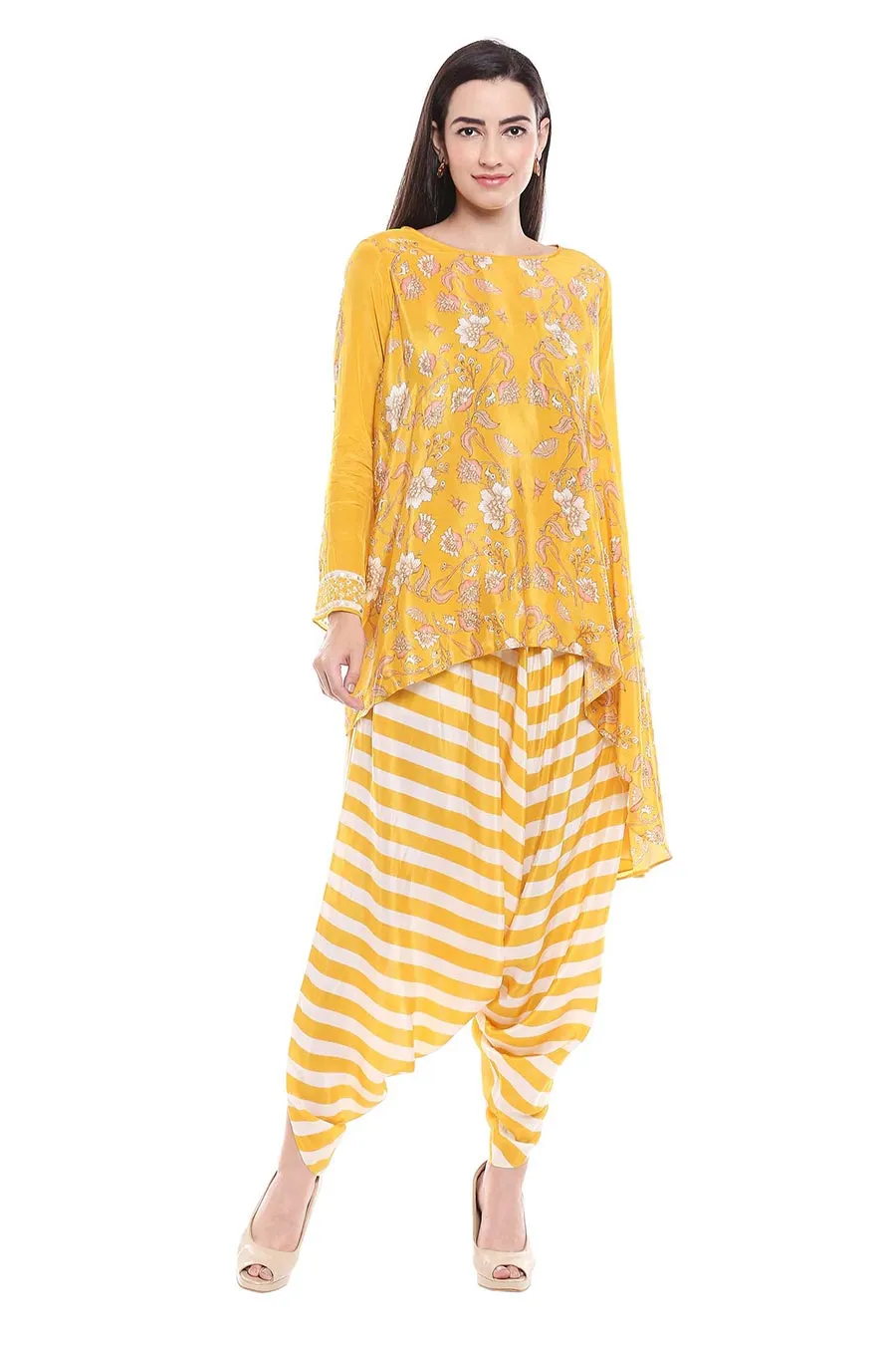 Yellow Printed Kurta & Dhoti Pants Set