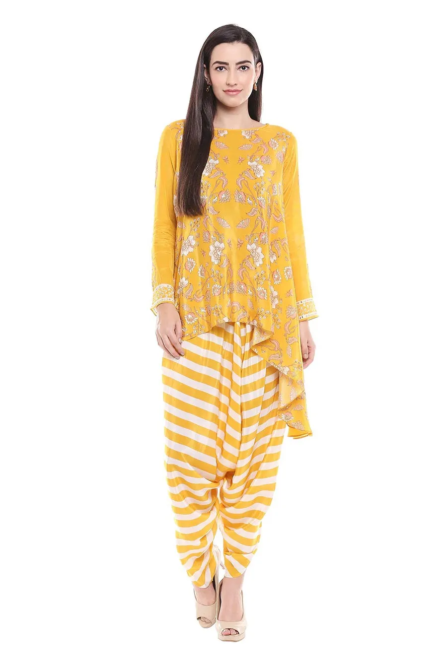 Yellow Printed Kurta & Dhoti Pants Set